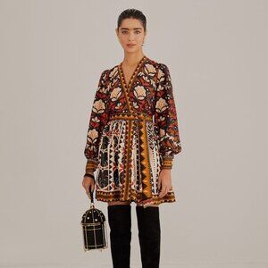 Farm Rio Tapestry Garden V-Neck Wrap Mini Dress Size XS